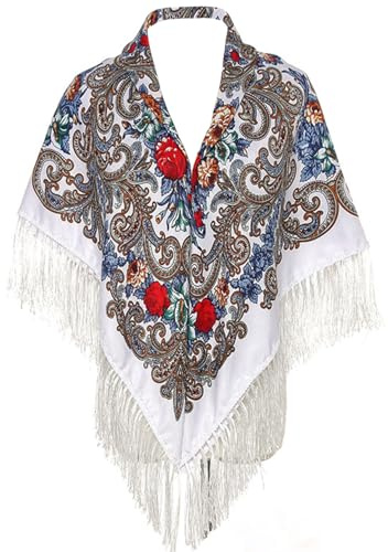 Halloween Women Russian Style Shawl, Retro Fringed Tassel Scarf, Warm Traditional Fabric Wrap Cape, Elegant Casual Shoulder Cover Fashion Accessory White