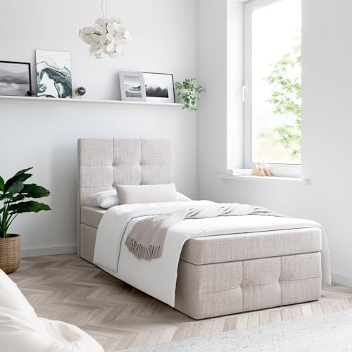 Generisch Boxspringbett MERA Premium MINI mit Bettkästen, OHNE Topper, Einzelbett, Stauraum (Creme: Aura 01, 100x200 cm)