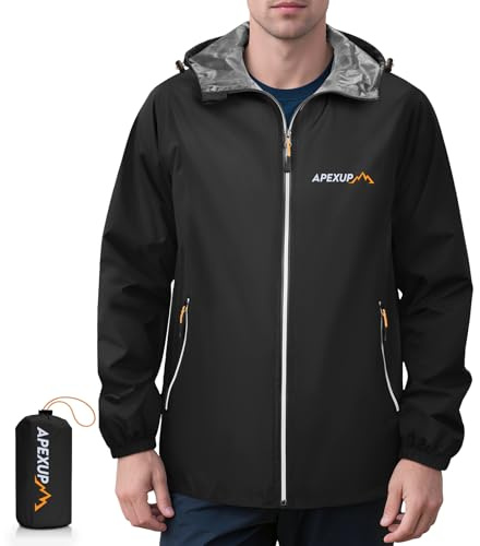 APEXUP Packable Rain Jacket Men with Reflective Zipper, Lightweight Waterproof Jacket Windbreaker Hooded Raincoat, Mens Rain Jackets for Outdoor, Running, Hiking, Travel, Cycling (Black, L)