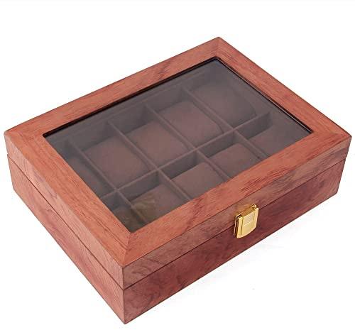 Tyvotrend Uhrenbox mit 10 Fächern, Uhrenkasten mit Glasdeckel und Schnalle, Hölzerne Uhrenvitrine mit Abnehmbare Futtergitter, Uhrenkasten aus Massivholz für Schmuck Uhren