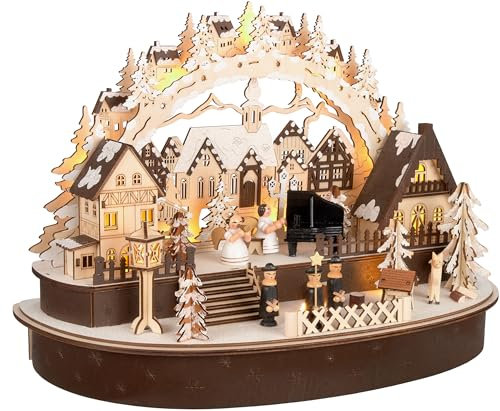 BRUBAKER Arco di Candele 3D - Il Grande Concerto nel Villaggio di Natale - Luci di Natale LED in Legno Naturale - 31 x 45 x 22 cm - Decorazione Natalizia Dipinta a Mano per Tavolo e Davanzale