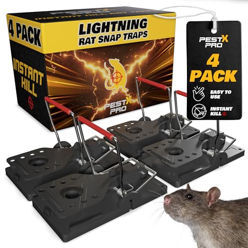 Pest X Pro Lightning Professional Rat Traps - 4 PACK, Heavy Duty Snap Traps That Kill In A Flash, Large, Reusable Rodent & Rat Killer For Indoors & Outdoors, Rat Traps That Kill Instantly