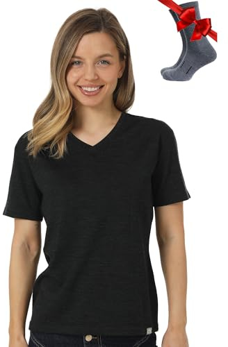 Merino.tech 100% Merino Shirt Damen V-Ausschnitt Outdoor + Wollsocken (Medium, Charcoal V-Neck)