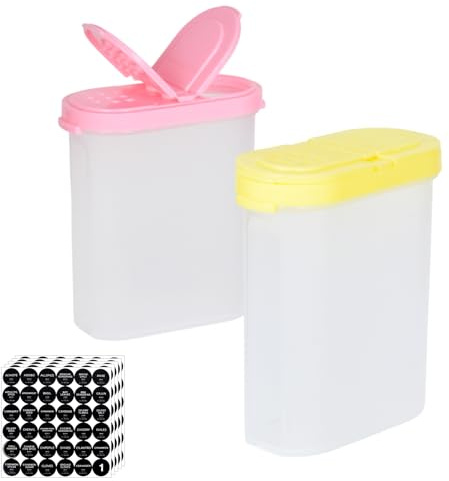 Luxvara Lot de 2 Bocaux à Epices, Pots à Epices Conteneurs, Pots à Épice en Plastique Transparent 250ml, Boîtes Carrées Réutilisables avec 180 Étiquettes, Pour Épice Sel Poudres (Rouge, Jaune)