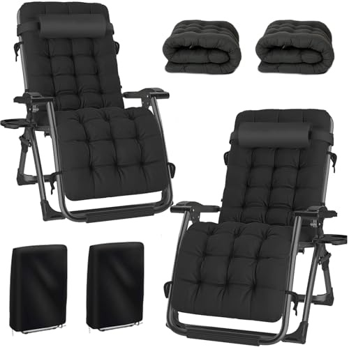 Hengriacly Liegestuhl Klappbar Sonnenliege 2er Set, Gartenliege Relaxliege für Mittagspause Belastbar 180kg Verstellbar RüCkenlehne Gartenstuhl Ergonomisch (Schwarz+Schwarz)