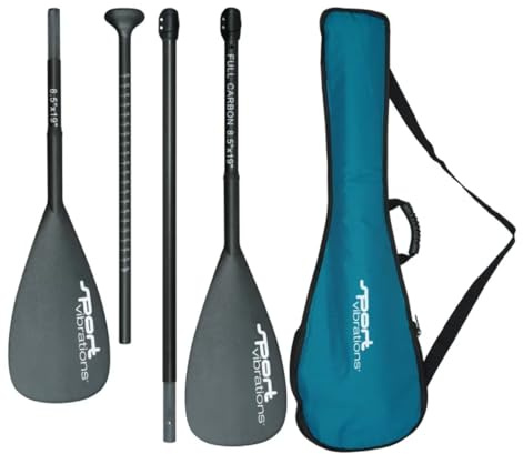 Sport Vibrations SUP Paddel, 4-teilig, 100% FullCarbon, 703 Gramm (ohne Kajakpaddelblatt), 8'5 x 19', mit Antitwist-Handle, ABS Schlagschutz (4 teilig mit Kajakfunktion mit Paddeltasche)