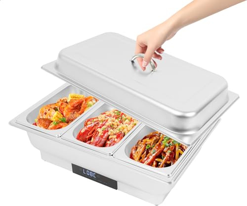 HUOMMGS 600W Chafing Dish Elektrisch Buffetwärmer Elektrisch Warmhaltebehälter Essen Wärmebehälter für Speisen mit Deckel Warmhaltegerät mit 35-90℃ Einstellbaretemperatur Buffetwärmer (3 x 3L)