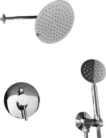 Set Doccia Completo in Ottone Cromato – Soffione Ultrasottile Ø20 cm, Miscelatore Incasso con Deviatore, Supporto Integrato, Doccetta e Braccio 25 cm