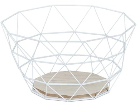 Relaxdays Centrotavola Portafrutta, Cestino Porta Frutta e Verdura da Tavola, Ferro e Legno, Design Industrial, Bianco, 1 pz