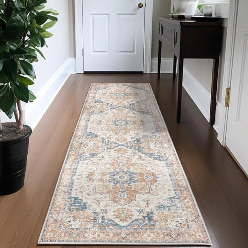 TOPICK Tapis de Salon Chambre Adulte Vintage Orange 60x183cm, Tapis Interieur Entrée Couloir Cuisine Paillasson Antidérapant Floral Oriental à Poils Ras Lavable en Machine