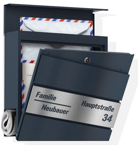 Graviers Design Cassetta delle lettere con scomparto per giornali in antracite RAL 7016 – taglio laser diagonale cassetta postale personalizzata in acciaio inox nome strada numero civico – cassetta