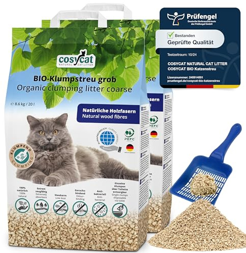 COSYCAT Klumpendes Katzenstreu Bio aus Holz, 100% Natürlich, [grob], [2x20l], in der Toilette entsorgbar, Klumpstreu pflanzlich, staubfrei ohne Duft