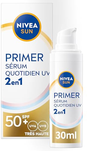 NIVEA SUN Sérum Primer Quotidien UV 2en1 SPF 50+ (1 x 30ml) - Sérum Visage hydratant enrichi en Acide Hyaluronique - Base de maquillage - Soin avec écran solaire visage SPF 50+ sans parfum