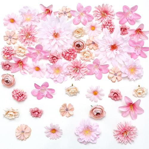 Dremisland 48 Stück Kunstblumen zum Basteln Rosa 11 Typen Klein Künstliche Blumen Blumenköpfe 4~14 cm Stoffblumen Mini Deko Blütenköpfe Seidenblumen Fake Blumendeko für DIY Basteln Hochzeit Handwerk