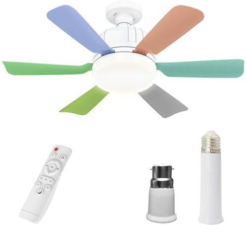 Kouamor 46cm Ventilateurs De Plafond Avec LumièRes TéLéCommande, Ventilateur Plafonds Connecté E27, Ventilateur Plafond Ampoule, 3 Couleurs & 3 Vitesses, Pour Salon Chambre (Coloré+Barre d'extension)