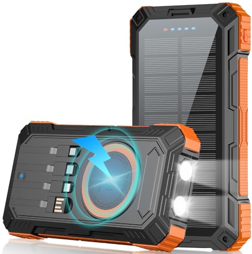 ERRBBIC Solar Charger Power Bank 49800mAh, 22.5W Portable Charger, 15W Wireless Charging, Solar Panel Charger, Built-in Four Cable, with USB C for Cell Phones, with Dual Flashlight for Camping