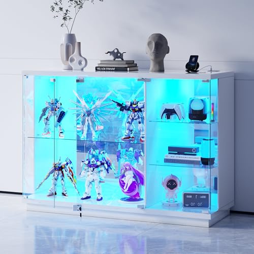 Glass Display Cabinet with Lock & LED Light for Living Room,Kitchen,White | High Glass Sideboard with Human Body Sensor & Glass Shelves for Toys,Books,Collectibles,Liquor