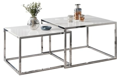 Lookway Couchtisch Yoshi 2in1 Glass mit Chromgestell & Glasplatte | Quadratische Tische 60x60 & 70x70 cm | Moderner Wohnzimmertisch (Weißes Glass, 39 cm / 45 cm)