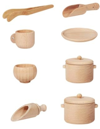 Homoyoyo Ensemble 8 Pièces de Jouets de Vaisselle en Bois Naturel, Mini-Outils Cuisine pour Garçon et Filles, Vaisselle Pratique et Éducative, Jeu D'imitation pour Développer la Motricité