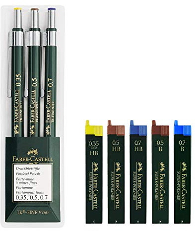 Faber-Castell 136030 - 3er Set Druckbleistifte TK-FINE 9760 | Minenstärken: 0,35 mm; 0,5 mm + 0,7 mm, Schaftfarbe: grün | Eco Bundle mit 5er Set Ersatzminen HB und B (Eco Bundle Maxi)