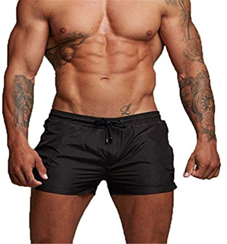 EDOTON Badbyxor för män, lediga sommarträningsbyxor med fickor baddräkt snabbtorkande strandshorts, Svart, S