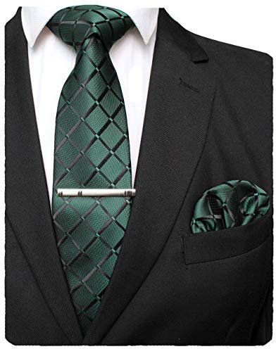 JEMYGINS Herren Krawatten-Set mit Karomuster und passendem Einstecktuch sowie Krawattenklammer - einfarbig in verschiedenen Farben erhältlich dunkelgrün