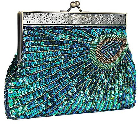 Kwolf Abendtasche für Damen, Vintage-Stil, Pailletten, Perlen, Pfau, Abendtasche, Handtasche, für Hochzeit, Party, Cocktail, blau - peacock blue, Einheitsgröße