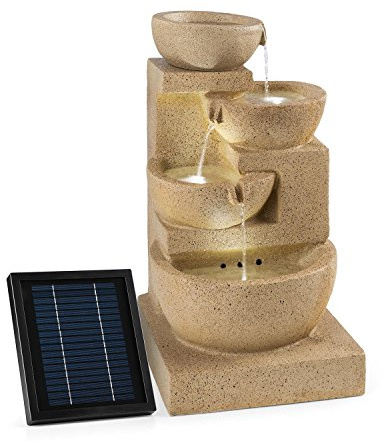 Blumfeldt Korinth - Fuente de Agua, Fuente Decorativa, Panel Solar de 3 W, Iluminación LED, Bombeo 250 l/h, 4 Niveles de Cascada, Poliresina, Efecto Piedra Arenisca, Marrón Claro