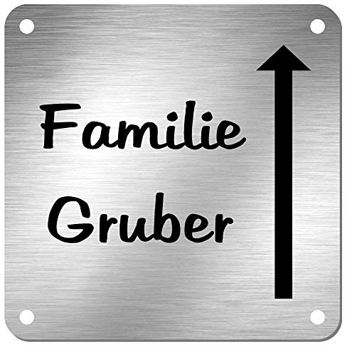 Edelstahl Namensschild Hinweisschild mit Pfeil * Modell Gruber | modernes Türschild, Klingelschild, Briefkastenschild mit Hinweispfeil und individueller Laser-Gravur
