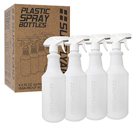 SupplyAID RRS-PSB32-4 HDPE Heavy Duty Leak Proof, Clear Plastic Spray Bottles, with Adjustable Non-Clogging Nozzle, For Commercial, Industrial, Household and Gardening Use, Measurements in oz, 4-Pack