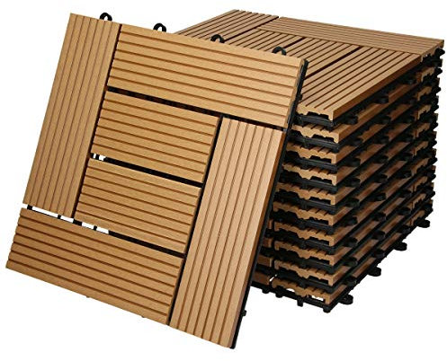 ECD Germany WPC Terrassenfliesen 30x30 cm/44 Stück=4m², Teak, Mosaik, Holzoptik, Bodenbelag mit Klicksystem und Drainage, Terrassendielen Balkonfliesen, Klickfliesen für Terrasse, Garten und Balkon