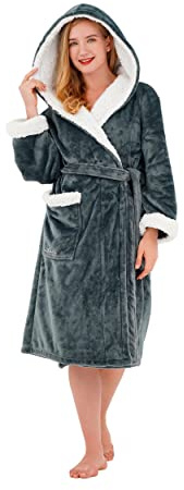 Winthome Ladies Dressing Gown,Super Soft Fluffy Bathrobe with Hood,Winter Cozy Fleece Bath Robe for Women Men Dressing Gown with Pocket(Gery M)