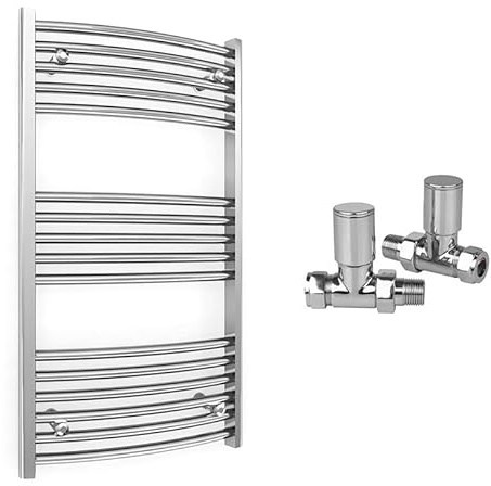 600mm Wide Curved Chrome Heated Bathroom Towel Rail Radiator With Valves For Central Heating UK (With Curved Valves, 600 x 900 mm (h))