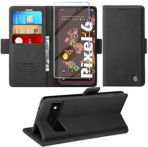 Giyer Handyhülle für Google Pixel 6 Mit Schutzfolie, Standfunktion, Kartenfach - Premium Leder Schutzhülle Mit Flip Case Cover, Stoßfeste Klapphülle (Schwarz)