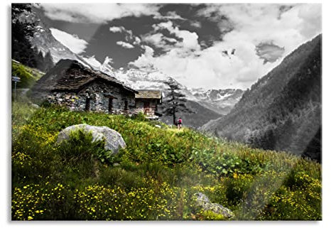 Pixxprint Glasbild, Wandbild aus Echtglas, Steinhütte auf Berg, 80x60 cm, inkl. Aufhängung und Abstandshalter