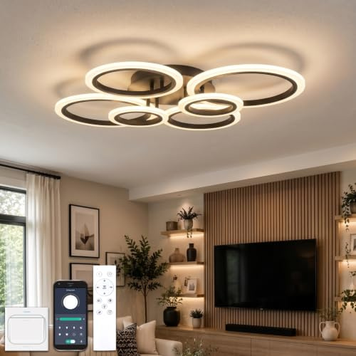 YOLEDY Deckenlampe Led mit Fernbedienung & APP, Decken Lampen mit 6 Ring, Dimmbar, Licht Memory Funktion mit Timer, Moderne Deckenleuchte Rund Wohnzimmer Flur Schlafzimmer, Schwarz