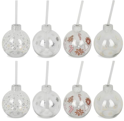 Trinkglas Christbaumkugel 400 ml mit Strohhalm 8er Set Weihnachtsglas Deko | BURI Trinkglas mit 19 cm Trinkhalm für Advent, Winter, Partys und festliche Tischdekoration, wiederverwendbar und dekorativ