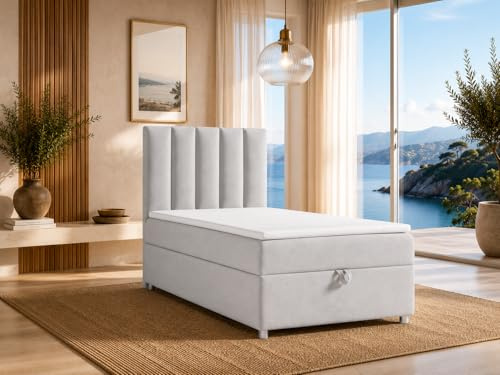 Best For Home Trinity K10 Boxspringbett 90x200 | Stauraum mit Topper | Einzelbett mit Bonell Federkernmatratze H3, Hoher Schlafkomfort, Gepolstertes Kopfteil, Modernes Bett Design und Bettkasten