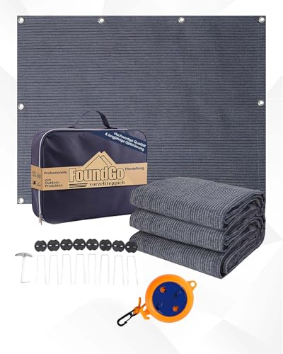 FoundGo Vorzeltteppich mit Ösen [280g/m² HDPE] Camping Teppich Outdoor Vorzeltboden inkl. Tragetasche 8 Stahlnägel & Wäscheleine Blau/Grau