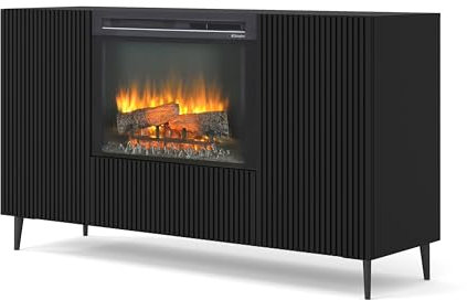 Homlando BIM Furniture Ravenna B - Cómoda (147 cm, 2D1K, con chimenea eléctrica, panel frontal de fibra de densidad media, armario multiusos, para salón, color negro mate