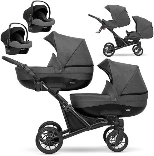KUNERT BOOSTER 3in1 2in1 Kinderwagen Komplettset Zwillingskinderwagen Babywagen Kombikinderwagen Komplettset Geschwisterwagen Kinder Wagen set Zwillingsbuggy Doppelkinderwagen (Graphit, 3 in 1 Cosmo)
