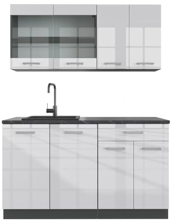 Vicco Singleküche R-Line, Weiß Hochglanz, 140 cm | 4 Module · Höhenverstellbare Füße · AP Anthrazit inkl. · Robuste Fronten · Mit Glasschrank · Frei kombinierbar