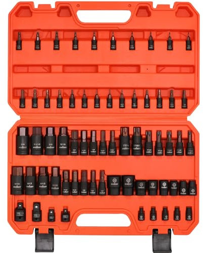 HORUSDY Juego de 66 llaves Allen – Juego de llaves Torx y hembra externas, acero S2 SAE y MM – Star Bits (T8- T70) y hembra E-Torx (E4-E24) | 4 adaptadores de enchufe de impacto
