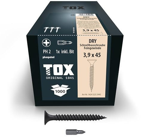 TOX Tornillos para cartón yeso DRY FG 3,9 x 45 mm, magazinados para montaje rápido con destornillador de cargador, cartón yeso sobre subestructura metálica, 1000 piezas en caja, 142453253945