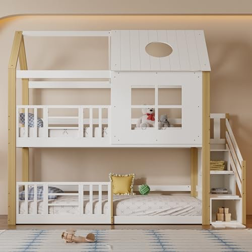Kinderbett Etagenbett 90x200 cm, Hausbett für 2 Kinder, Hochbett mit Treppe und 3 Schubladen, Baumhaus Bett mit Fenster und Dach, Stockbett mit Lattenrost und Rausfallschutz, Kiefer+MDF, Weiß+Natur