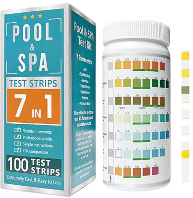 Homcoice 7 en 1 Tiras pH Piscina y Spa 100pcs, Fácil de usar y preciso kit Análisis Agua, profesional Test para pH, alcalinidad, dureza, cloro, bromo y ácido cianúric