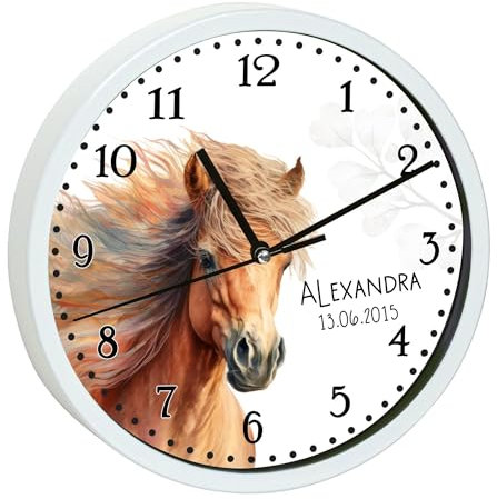 CreaDesign, Wanduhr Kinder personalisiert mit Name, Motiv Wanduhr mit roten Rahmen Pferd Ponny, Rahmen Wanduhr rot, Ø 19,5 cm