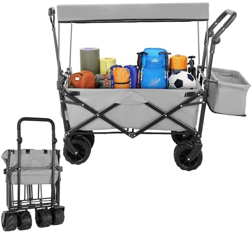 XXL Bollerwagen Faltbar, Handwagen Klappbar mit Dach, 262L Gartenwagen, bis 113 kg, Strandwagen Transportwagen mit Offroad-Räder, für Camping, Garten, Sport, Picknick (Grau)