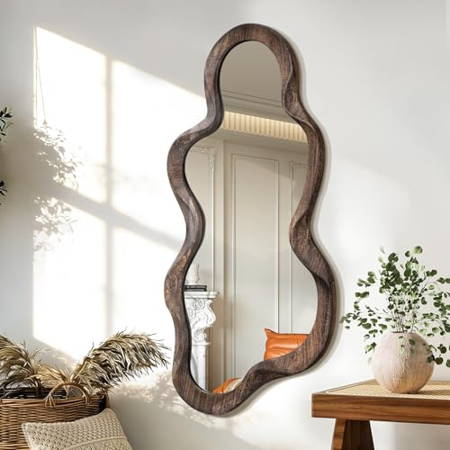 Unregelmäßiger Wandspiegel mit Holzrahmen asymmetrischer rustikaler schwarzer Wolken-Hängespiegel künstlerische Spiegeldekoration, Badezimmer, Waschtisch, Schlafzimmer, Wohnzimmer, Eingangsbereich