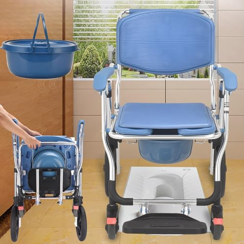 Miuxe Toilettenstühle Toilettenstuhl Für Senioren, Duschstuhl Mit Rollen Klappbar, Toilettenstuhl Fahrbar Für Kranke, Ältere, Behinderte Und Schwangere, Bis 150Kg Belastbar
